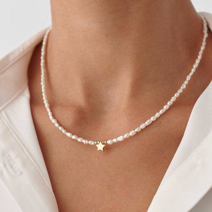 Gold Star and Freshwater Pearl Necklace – 925K Sterling Silver Elegance - Dabas Minimalist