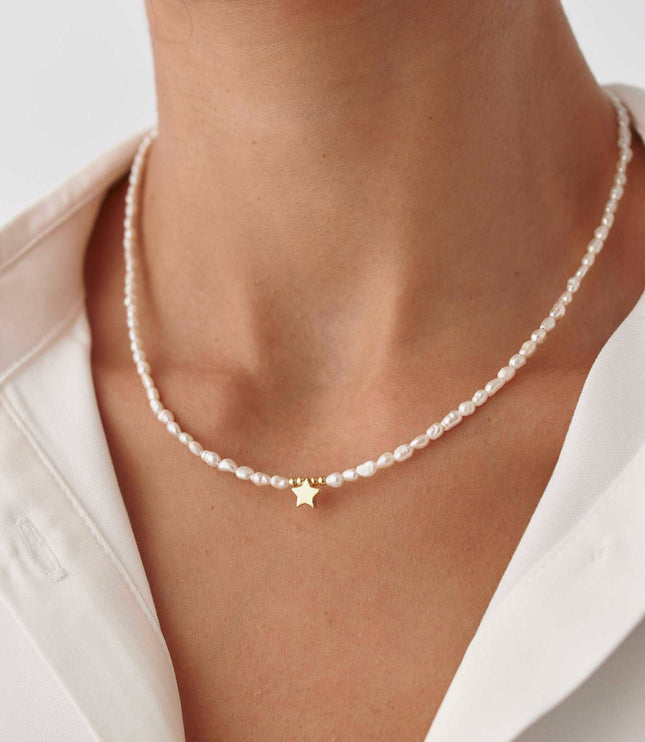 Gold Star and Freshwater Pearl Necklace – 925K Sterling Silver Elegance - Dabas Minimalist