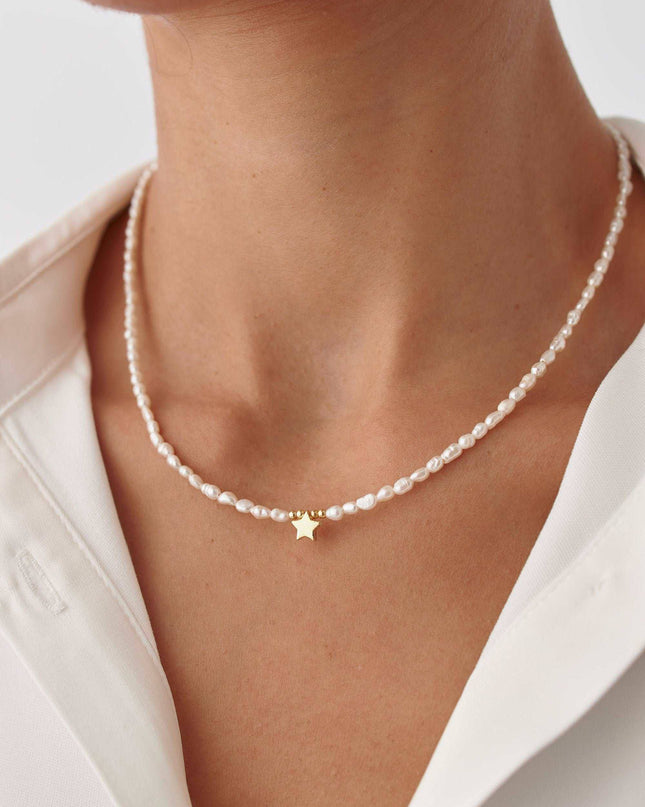 Gold Star and Freshwater Pearl Necklace – 925K Sterling Silver Elegance - Dabas Minimalist