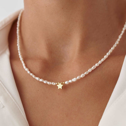 Gold Star and Freshwater Pearl Necklace – 925K Sterling Silver Elegance - Dabas Minimalist