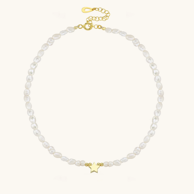 Gold Star and Freshwater Pearl Necklace – 925K Sterling Silver Elegance - Dabas Minimalist