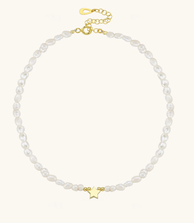 Gold Star and Freshwater Pearl Necklace – 925K Sterling Silver Elegance - Dabas Minimalist