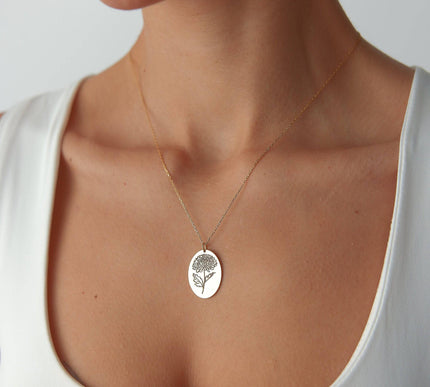 Maxi Birth Flower Necklace • Oval 18K Gold Birthflower Necklace Gift for Women - Dabas Minimalist