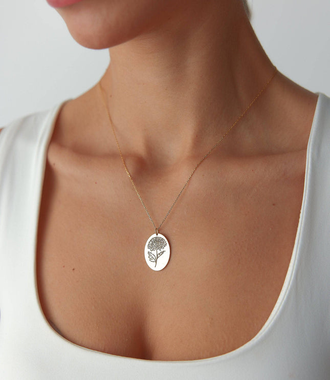 Maxi Birth Flower Necklace • Oval 18K Gold Birthflower Necklace Gift for Women - Dabas Minimalist