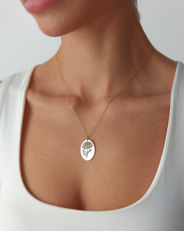 Maxi Birth Flower Necklace • Oval 18K Gold Birthflower Necklace Gift for Women - Dabas Minimalist
