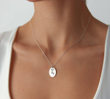 Midi Birth Flower Necklace – Oval 18K Gold Birthflower Necklace Gift for Women - Dabas Minimalist