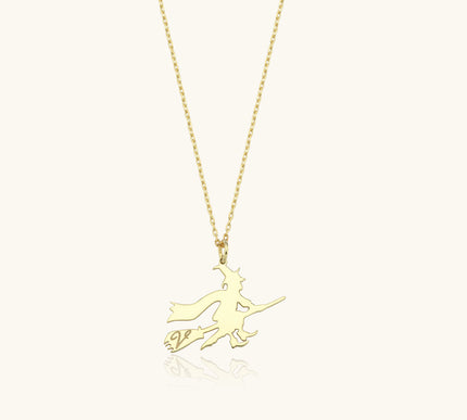 Witch Initial Necklace, 18K Gold-Plated Silver Halloween Jewelry - Dabas Minimalist