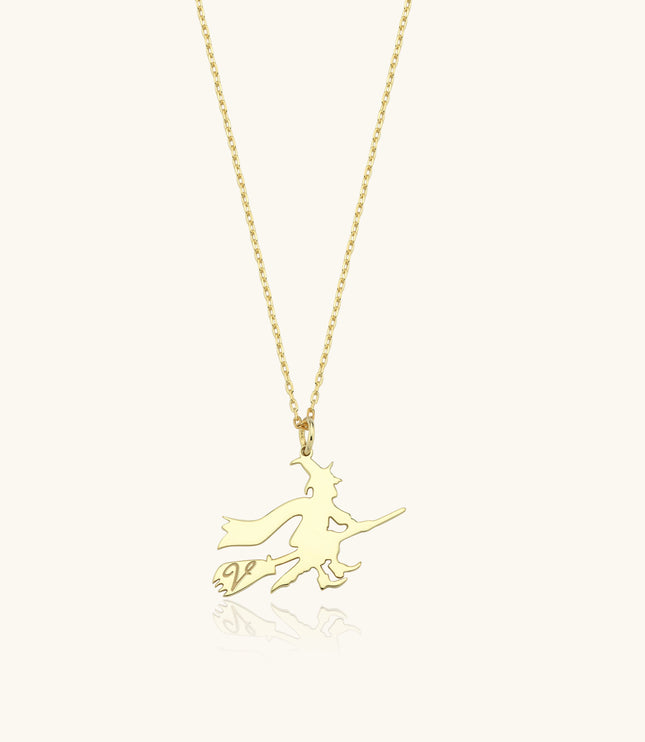 Witch Initial Necklace, 18K Gold-Plated Silver Halloween Jewelry - Dabas Minimalist