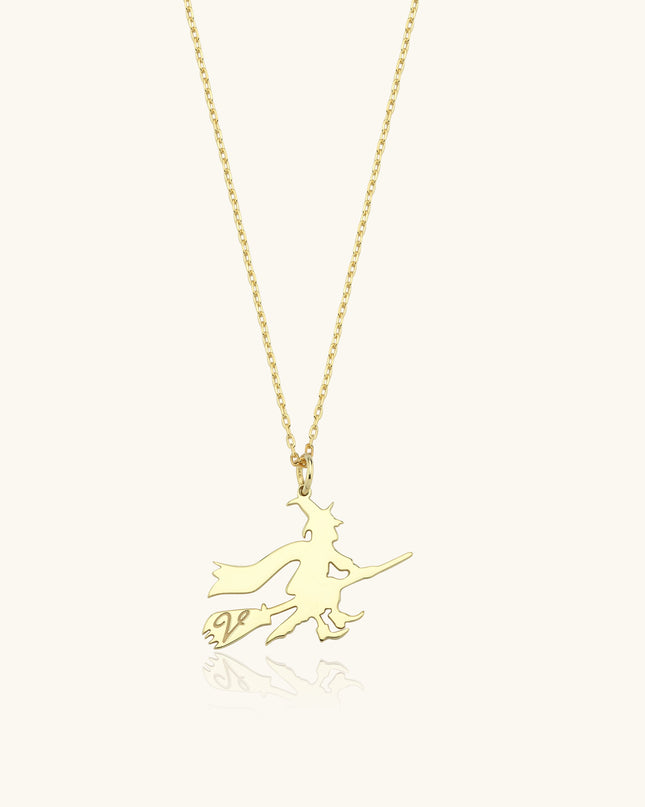 Witch Initial Necklace, 18K Gold-Plated Silver Halloween Jewelry - Dabas Minimalist