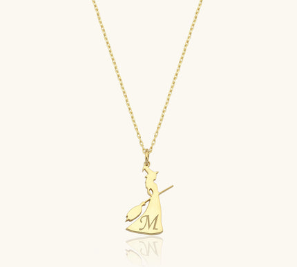 Witch with Broom Initial Necklace - 925K Silver Halloween Jewelry - Dabas Minimalist