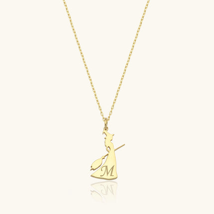 Witch with Broom Initial Necklace - 925K Silver Halloween Jewelry - Dabas Minimalist
