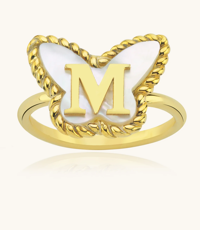 Butterfly Initial Ring – 18K Gold-Plated with Mother of Pearl Inlay - Dabas Minimalist