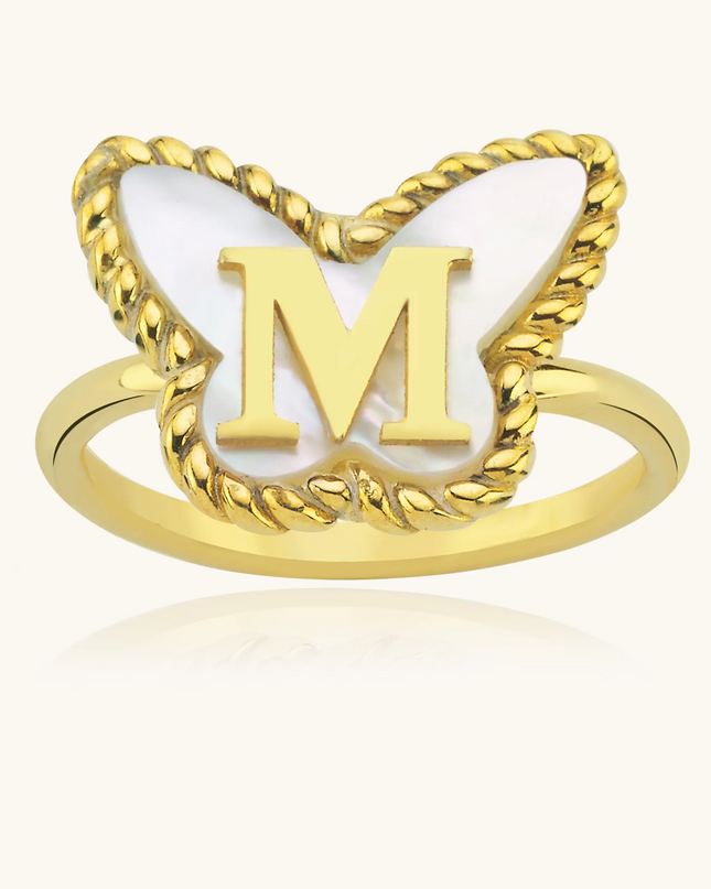 Butterfly Initial Ring – 18K Gold-Plated with Mother of Pearl Inlay - Dabas Minimalist