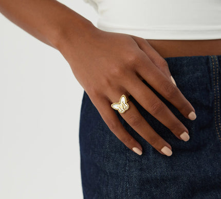 Butterfly Initial Ring – 18K Gold-Plated with Mother of Pearl Inlay - Dabas Minimalist