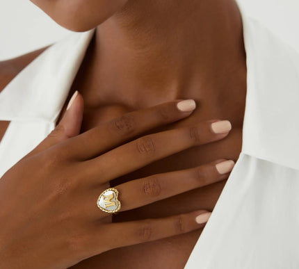 Heart-Shaped Initial Ring, 18K Gold-Plated with Mother of Pearl Inlay - Dabas Minimalist