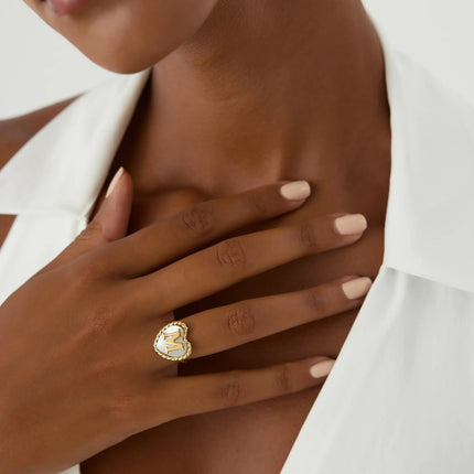 Heart-Shaped Initial Ring, 18K Gold-Plated with Mother of Pearl Inlay - Dabas Minimalist