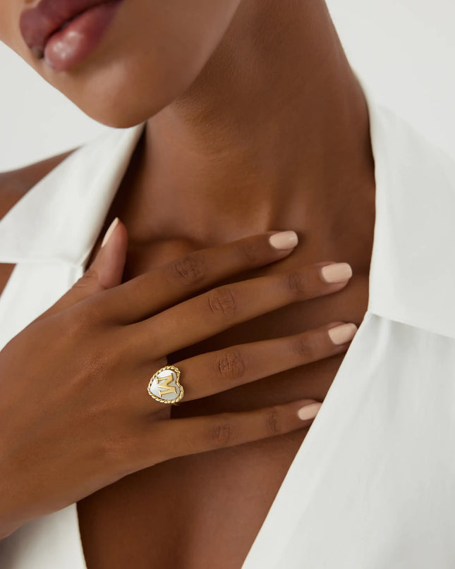 Heart-Shaped Initial Ring, 18K Gold-Plated with Mother of Pearl Inlay - Dabas Minimalist