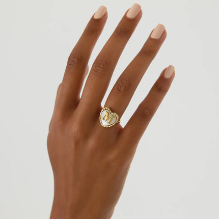 Heart-Shaped Initial Ring, 18K Gold-Plated with Mother of Pearl Inlay - Dabas Minimalist