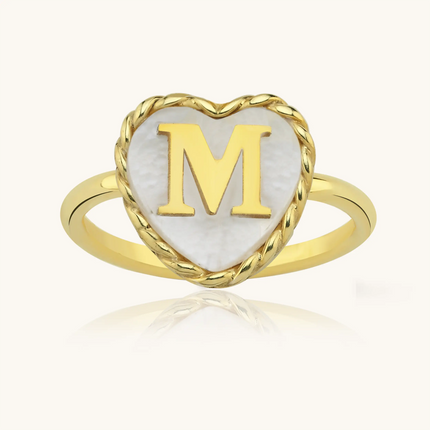 Heart-Shaped Initial Ring, 18K Gold-Plated with Mother of Pearl Inlay - Dabas Minimalist