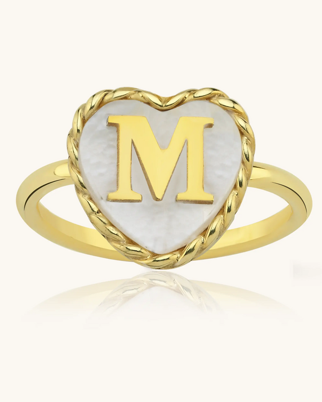 Heart-Shaped Initial Ring, 18K Gold-Plated with Mother of Pearl Inlay - Dabas Minimalist