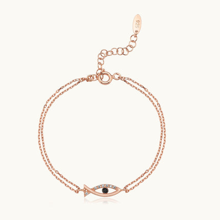 Fish-Shaped Bracelet with CZ Stones and Black Onyx, 18K Gold-Plated Sterling Silver - Dabas Minimalist