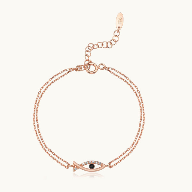 Fish-Shaped Bracelet with CZ Stones and Black Onyx, 18K Gold-Plated Sterling Silver - Dabas Minimalist