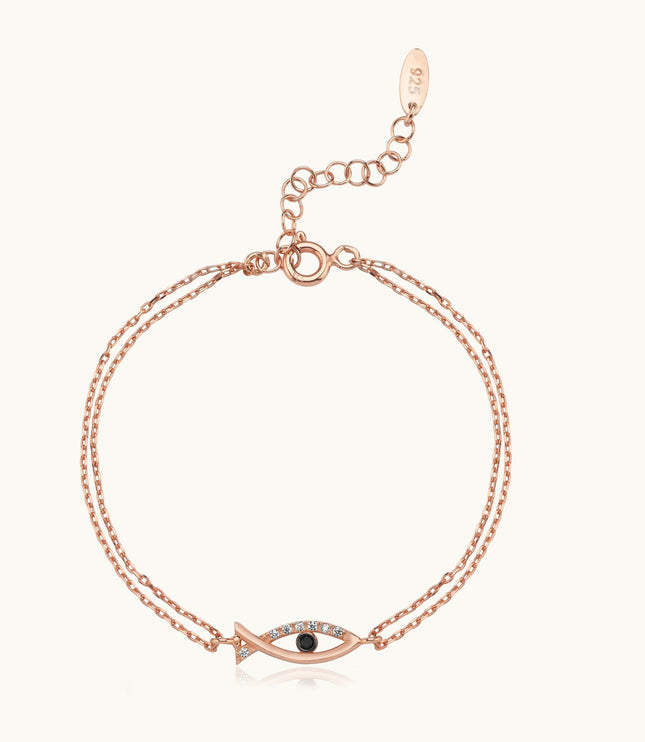 Fish-Shaped Bracelet with CZ Stones and Black Onyx, 18K Gold-Plated Sterling Silver - Dabas Minimalist