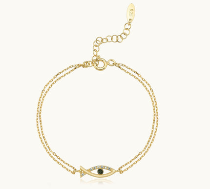 Fish-Shaped Bracelet with CZ Stones and Black Onyx, 18K Gold-Plated Sterling Silver - Dabas Minimalist