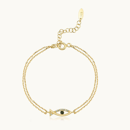 Fish-Shaped Bracelet with CZ Stones and Black Onyx, 18K Gold-Plated Sterling Silver - Dabas Minimalist