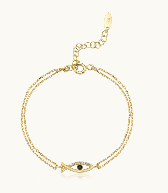 Fish-Shaped Bracelet with CZ Stones and Black Onyx, 18K Gold-Plated Sterling Silver - Dabas Minimalist