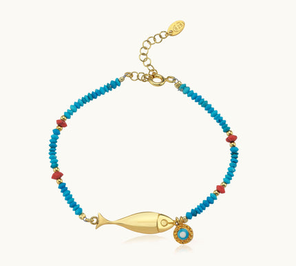 Turquoise Beaded Fish Charm Bracelet – 18K Gold-Plated Sterling Silver - Dabas Minimalist