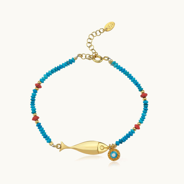 Turquoise Beaded Fish Charm Bracelet – 18K Gold-Plated Sterling Silver - Dabas Minimalist
