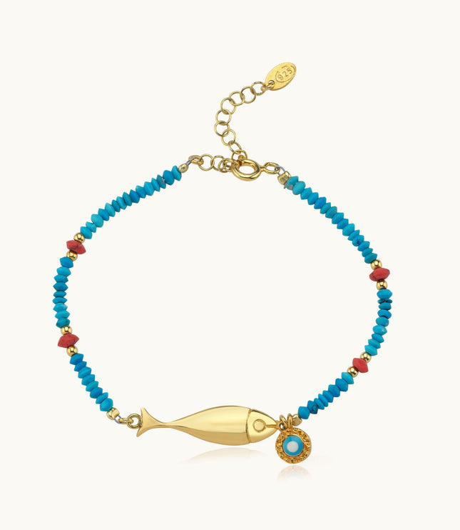 Turquoise Beaded Fish Charm Bracelet – 18K Gold-Plated Sterling Silver - Dabas Minimalist