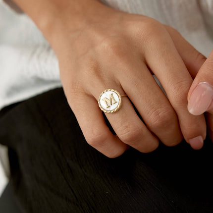 Mother of Pearl Initial Ring – 18K Gold-Plated Sterling Silver Personalized Ring - Dabas Minimalist