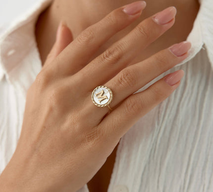 Mother of Pearl Initial Ring – 18K Gold-Plated Sterling Silver Personalized Ring - Dabas Minimalist