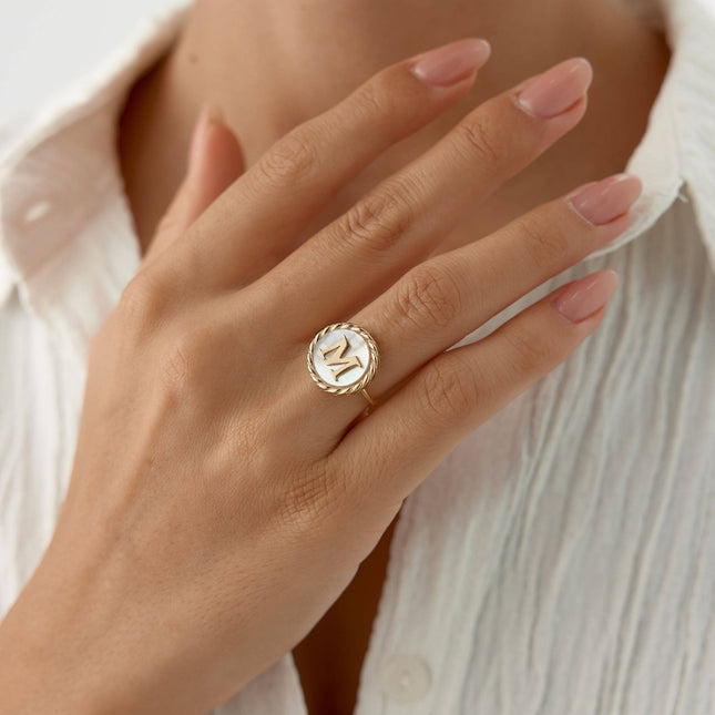 Mother of Pearl Initial Ring – 18K Gold-Plated Sterling Silver Personalized Ring - Dabas Minimalist