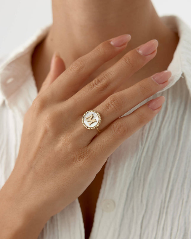 Mother of Pearl Initial Ring – 18K Gold-Plated Sterling Silver Personalized Ring - Dabas Minimalist