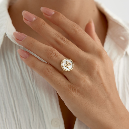 Mother of Pearl Initial Ring – 18K Gold-Plated Sterling Silver Personalized Ring - Dabas Minimalist