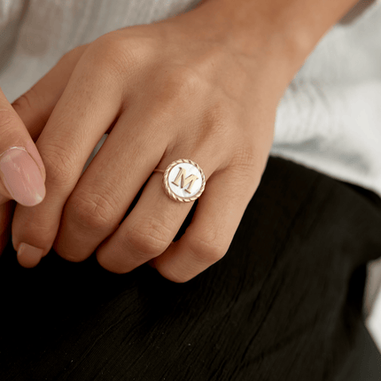 Mother of Pearl Initial Ring – 18K Gold-Plated Sterling Silver Personalized Ring - Dabas Minimalist