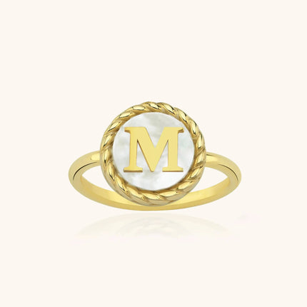 Mother of Pearl Initial Ring – 18K Gold-Plated Sterling Silver Personalized Ring - Dabas Minimalist