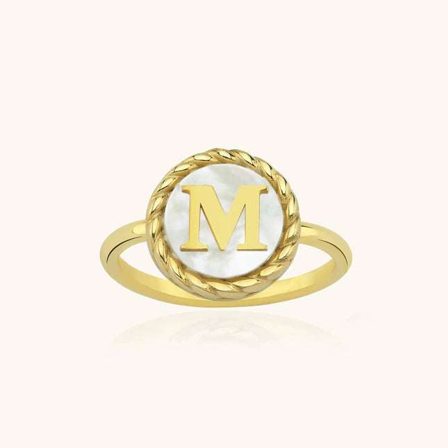Mother of Pearl Initial Ring – 18K Gold-Plated Sterling Silver Personalized Ring - Dabas Minimalist