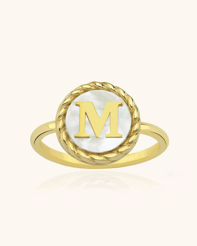 Mother of Pearl Initial Ring – 18K Gold-Plated Sterling Silver Personalized Ring - Dabas Minimalist
