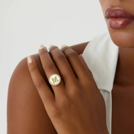 Mother of Pearl Initial Ring – 18K Gold-Plated Sterling Silver Personalized Ring - Dabas Minimalist