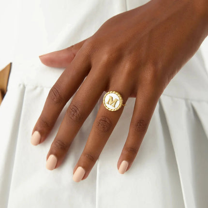 Mother of Pearl Initial Ring – 18K Gold-Plated Sterling Silver Personalized Ring - Dabas Minimalist