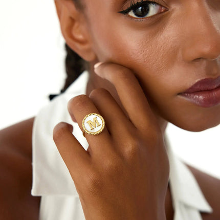 Mother of Pearl Initial Ring – 18K Gold-Plated Sterling Silver Personalized Ring - Dabas Minimalist