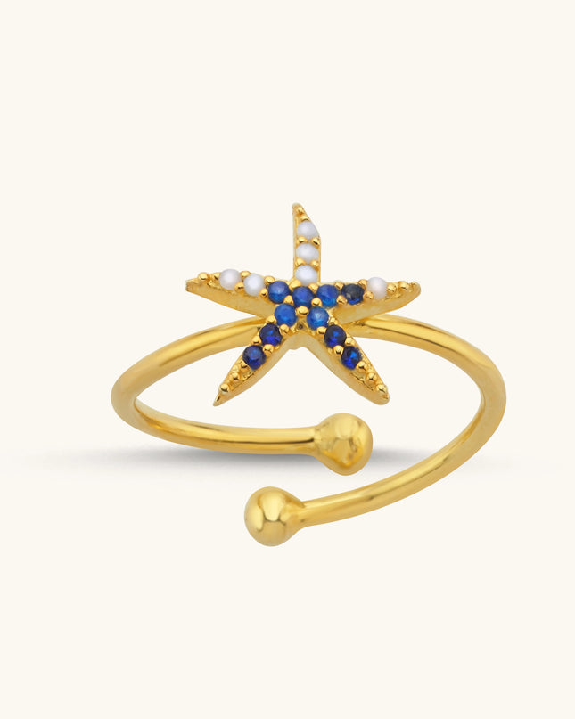 Starfish Ring with CZ Colorful Stones, 18K Gold-Plated Sterling Silver - Dabas Minimalist