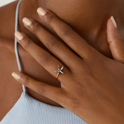 Starfish Ring with CZ Colorful Stones, 18K Gold-Plated Sterling Silver - Dabas Minimalist