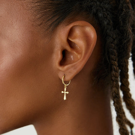 Cross Hoop Huggies Earrings, 18K Gold-Plated Sterling Silver Religious Jewelry - Dabas Minimalist