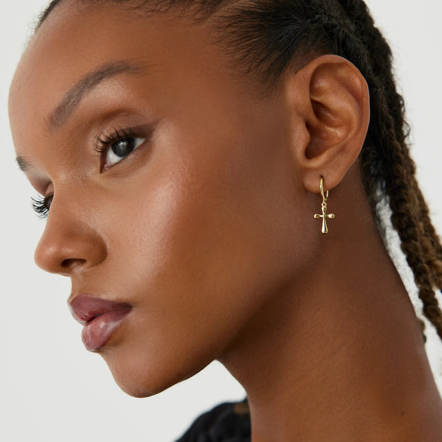Cross Hoop Huggies Earrings, 18K Gold-Plated Sterling Silver Religious Jewelry - Dabas Minimalist