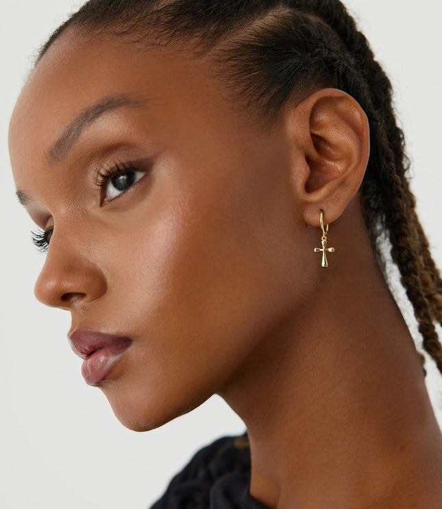Cross Hoop Huggies Earrings, 18K Gold-Plated Sterling Silver Religious Jewelry - Dabas Minimalist